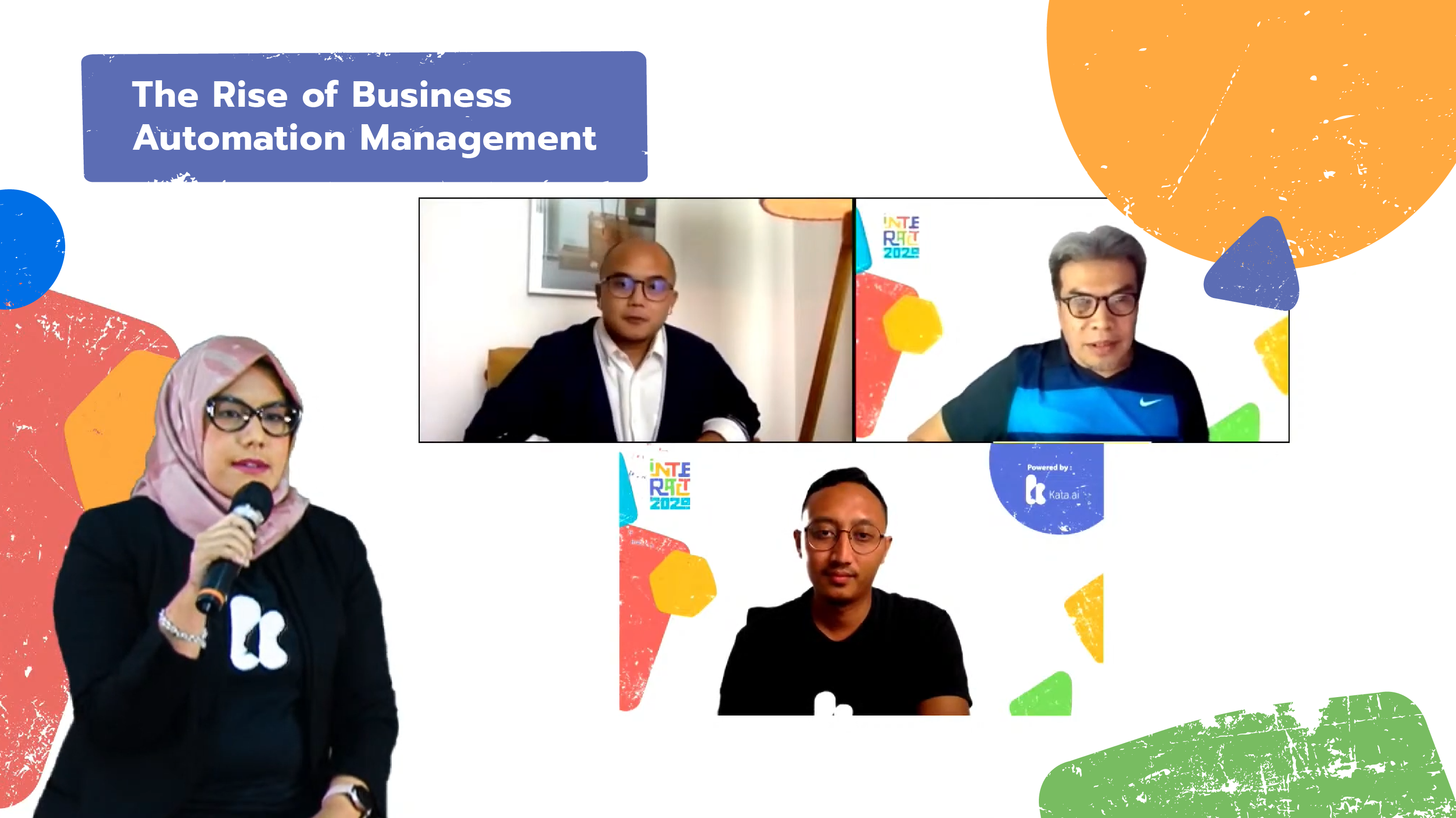 INTERACT 2020's first panel session discussed about the rise of business automation management with Kata.ai COO Wahyu Wrehasnaya, Mikro Investindo Utama CEO Busi Satria Isman, and Toko Kopi Tuku founder Andanu Prasetyo